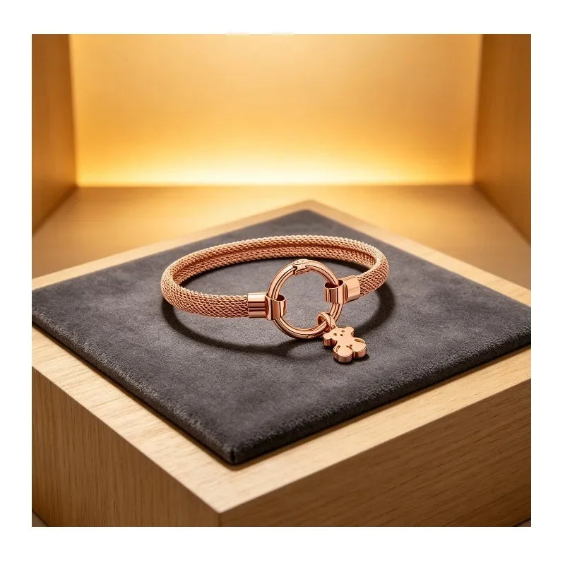 Rose Gold Plated Mesh Bracelet With Cute Bear Charm For Women Minimalist Daily