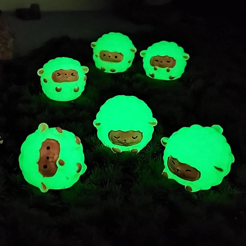 6Pcs Mini Luminous Sheep Figurine Set. Resin Cute Goat Ornament for Fairy Garden Home, Office, Party, Desktop Decoration. DIY Craft Accessories