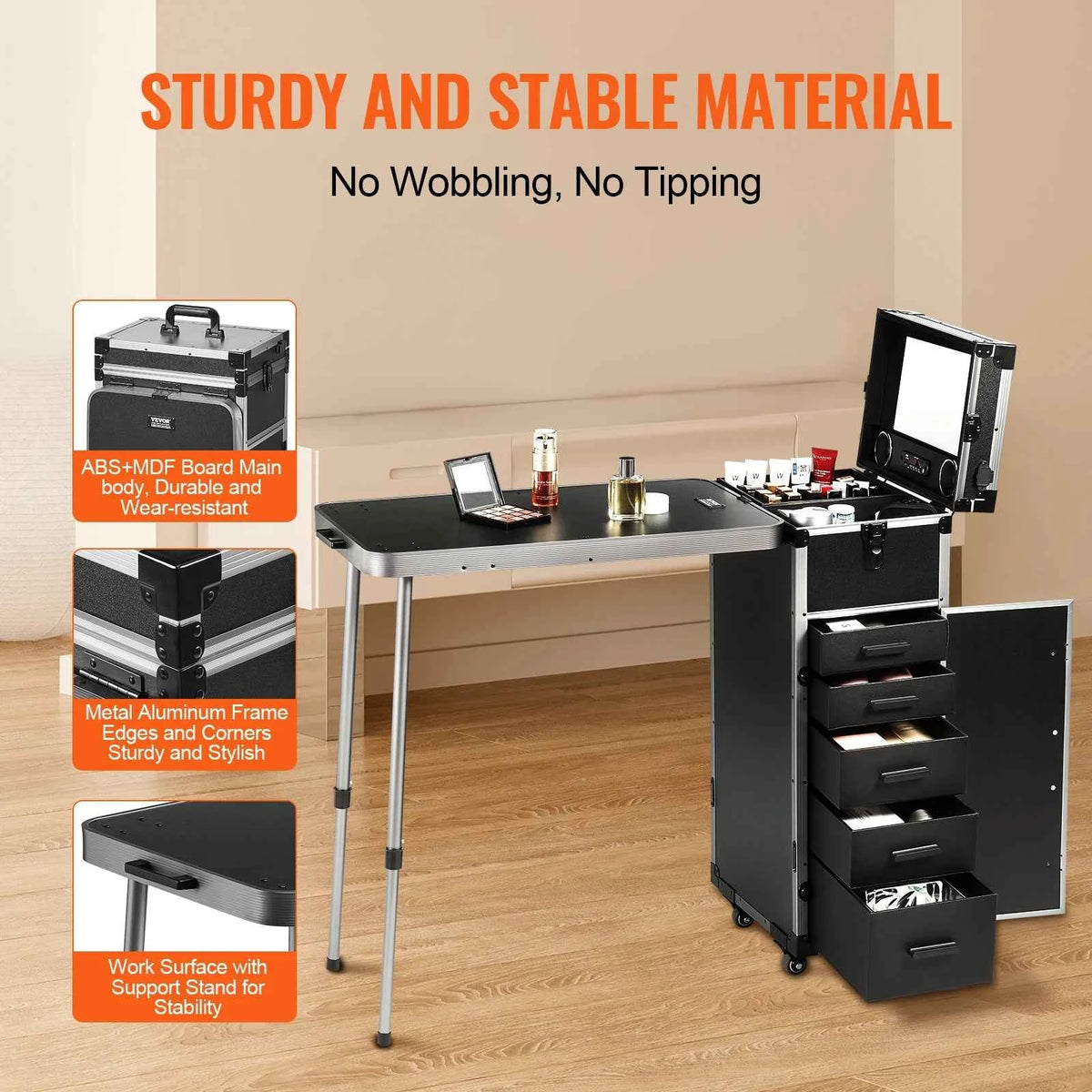 SucceBuy Professional Makeup Train Case Aluminum Cosmetic Case Workbench With Supporting Legs Rolling Makeup Case Extra Large