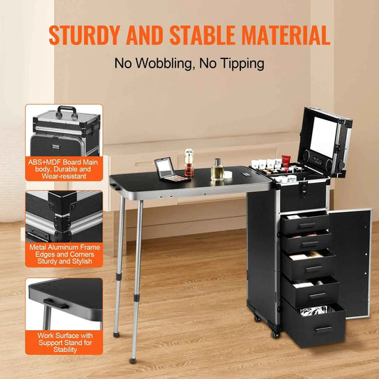 SucceBuy Professional Makeup Train Case Aluminum Cosmetic Case Workbench With Supporting Legs Rolling Makeup Case Extra Large