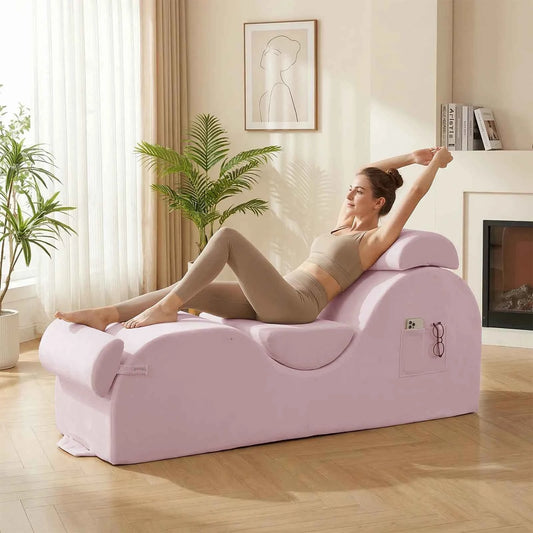 Velvet Curved Yoga Chaise Lounge Chair With Side Pockets. Movable Footrest, Headrest, And Waist Cushion. Adult Sofa Couch For Bedroom, Relaxation, Stretching