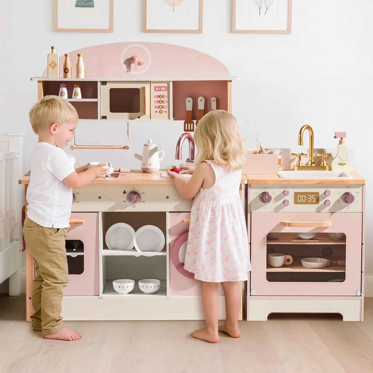 Robud Kids Wooden Pink Play Kitchen. All in 1 Corner Set Includes Oven, Refrigerator. Washer. Perfect Birthday Gift for Little Chefs.
