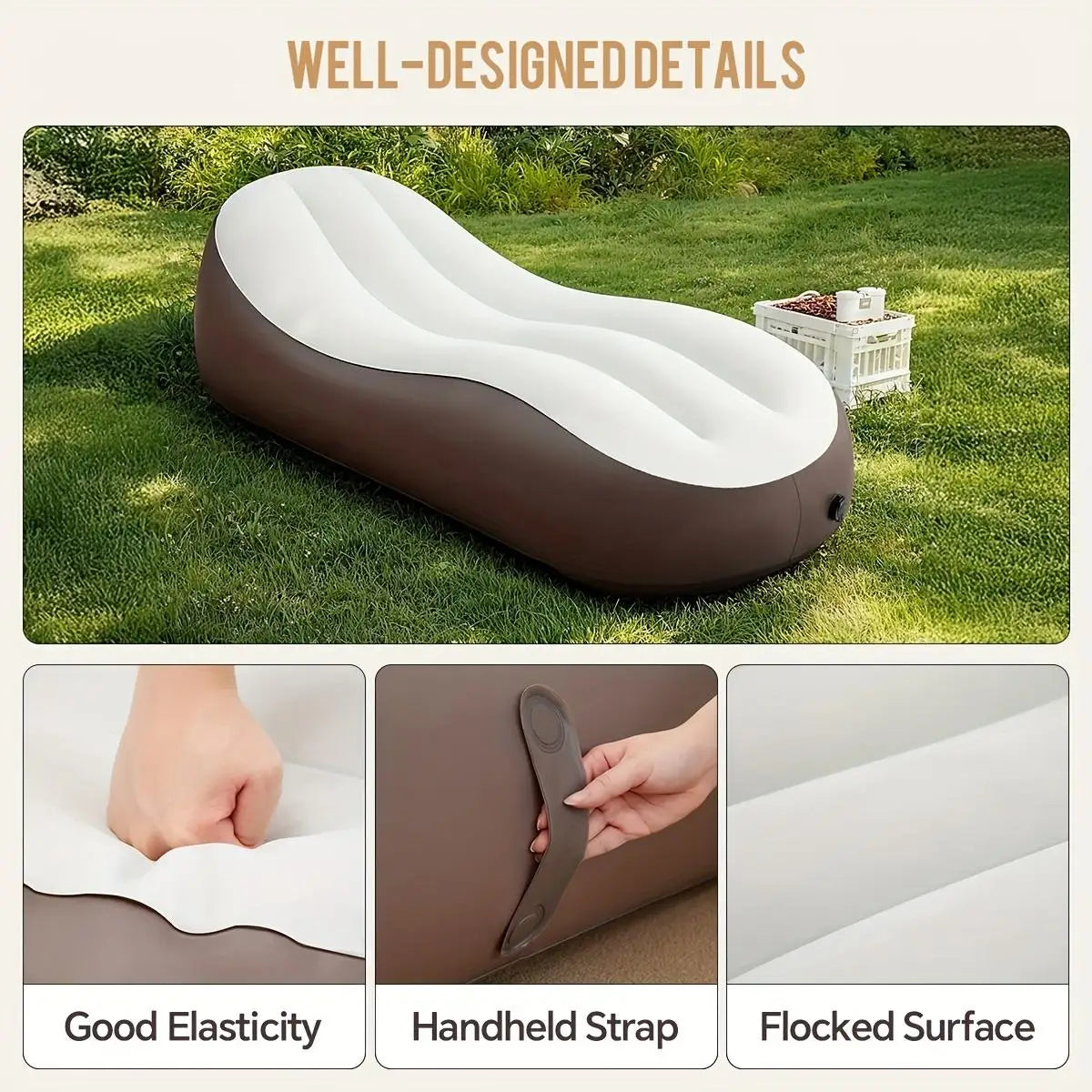 Single Inflatable Sofa Chair.  Flocked Air Chaise Lounge, Ergonomic Blow Up Recliner with Backrest. Portable Foldable Lazy Couch for Home, Outdoor, Camping, Travel