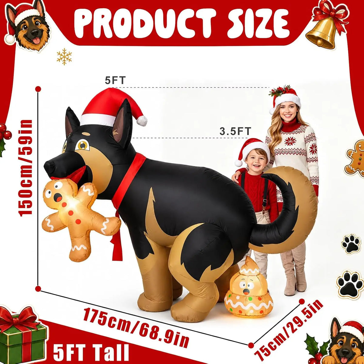5FT Funny Christmas Inflatable Outdoor Decor, Pooping Dog Blow Up Holding Gingerbread Man with LED Lights, Holiday.