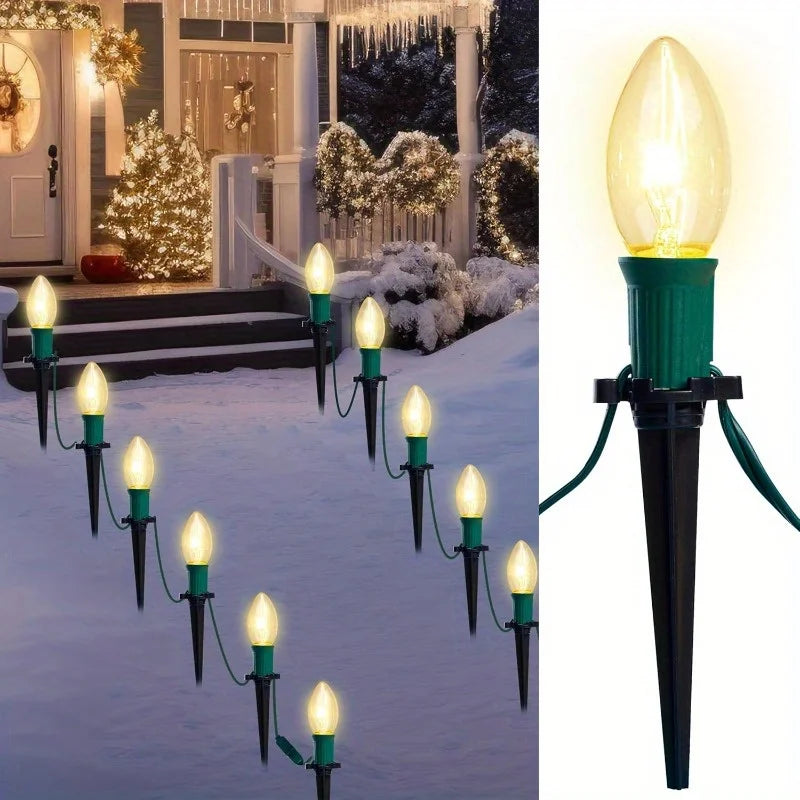 C9 Christmas Pathway Lights, 30.75ft with 24 Bulbs. Outdoor Warm White Light for Holiday. Waterproof, Outside and  Walkways festival lighting