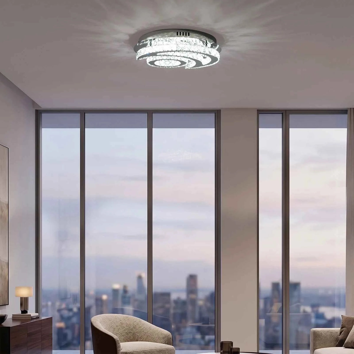 Modern Moon Shaped Ceiling Light, LED Crystal Flush Mount Chandelier.