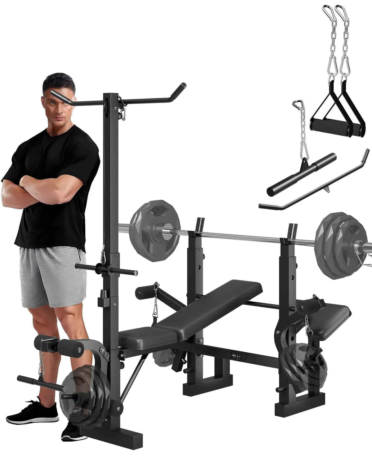 Adjustable 4-in-1 Weight Bench Set with Leg Developer, Barbell Rack, Butterfly Arm Preacher, Foldable