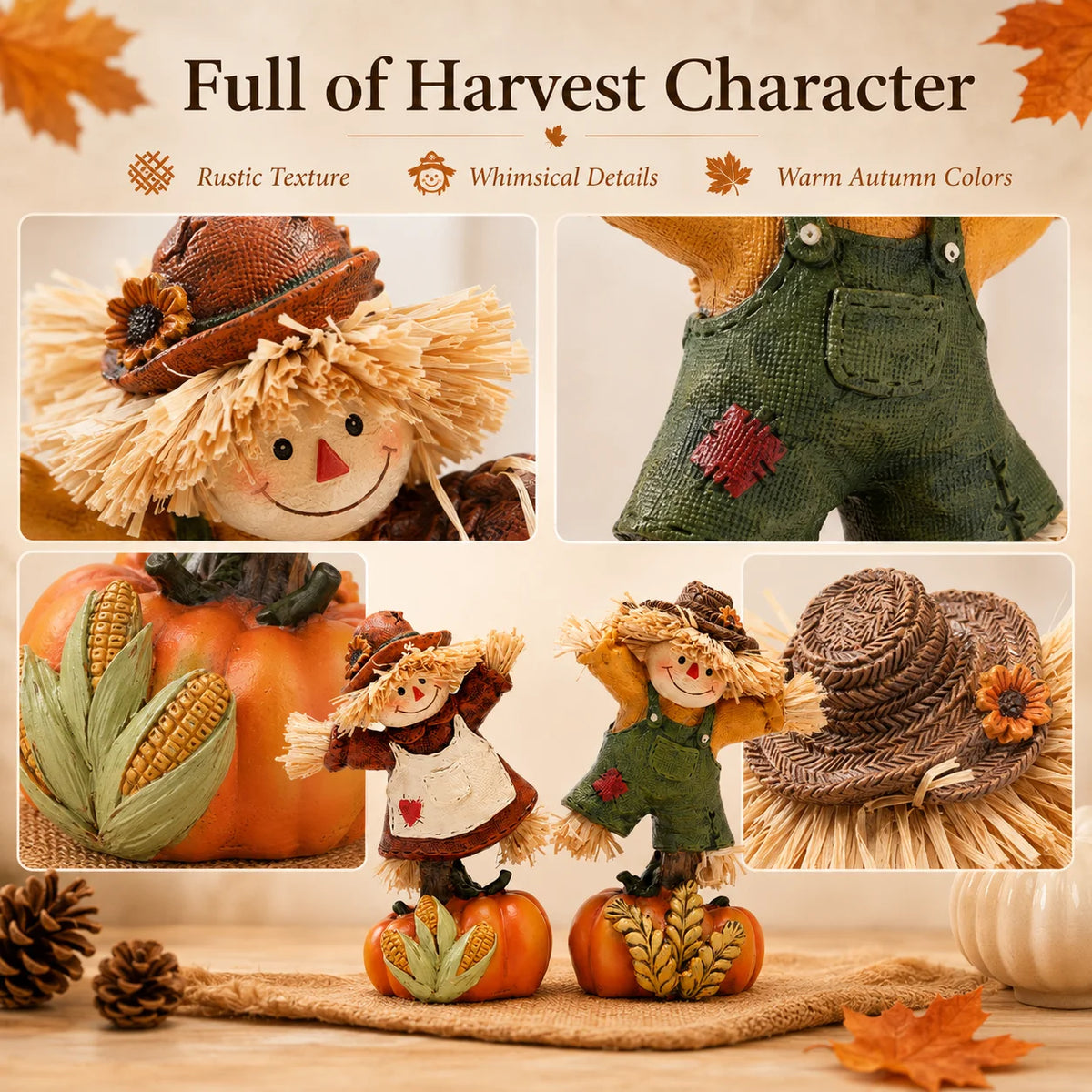 Hodao Set of 2 Fall Harvest Scarecrow Figurines, Resin Thanksgiving Pumpkin Decor, Hand-Painted Dancing Farmer Couple Statue with Cute Sunflower Accents, Seasonal Holiday Gift for Indoor, Patio, and Yard Home Display