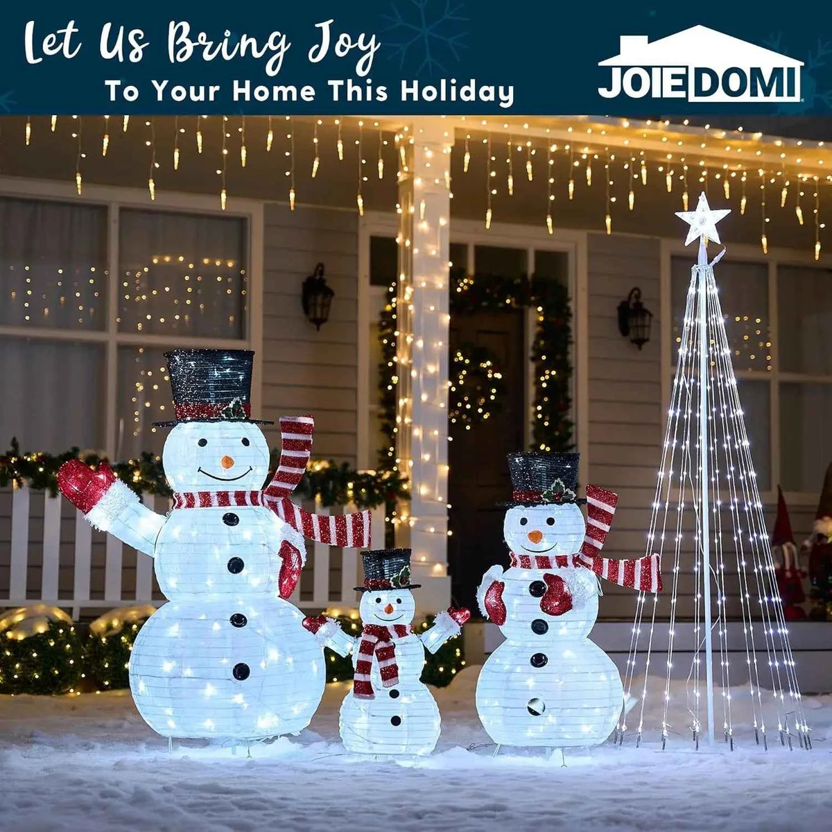 JOYFY 3 Pc 3D Christmas Collapsible Snowman Yard Light. 270 PreLit LED Cool White Light for Christmas, Indoor or Outdoor Garden Décor