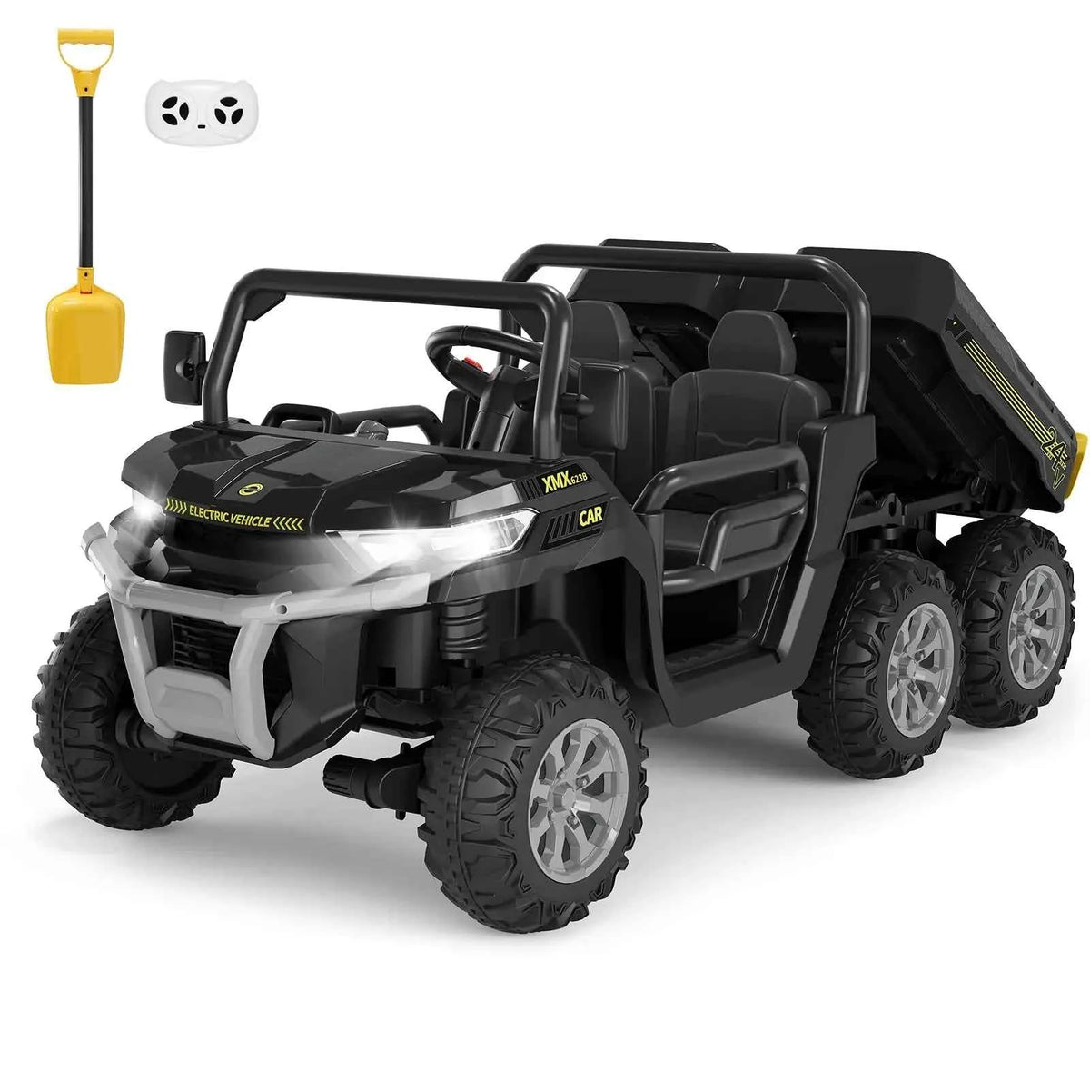 24V Kids Electric Ride Dump Truck, a 2 Seater 4WD with 6 Wheels. Parent Remote Control with 3 speeds. With Dump Bed, Bluetooth for Music, LED Lights, 2 Speeds