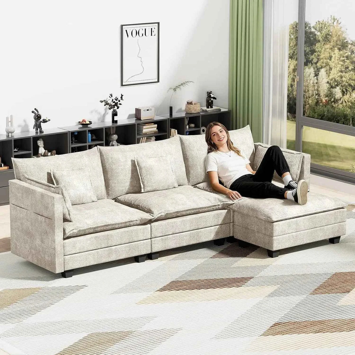 112.5" L-Shape Modular Sofa with Ottoman, Deep Seat Sleeper, 3 Throw & 2 Arm Pillows, Upholstered Furniture , Custom