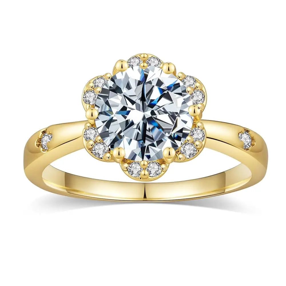 3CT Flower Shaped CZ Engagement Ring for Women, 18K Yellow Gold Plated Floral Solitaire Wedding Promise Band, Luxury Fine Jewelry for Anniversary & Holiday Gifts