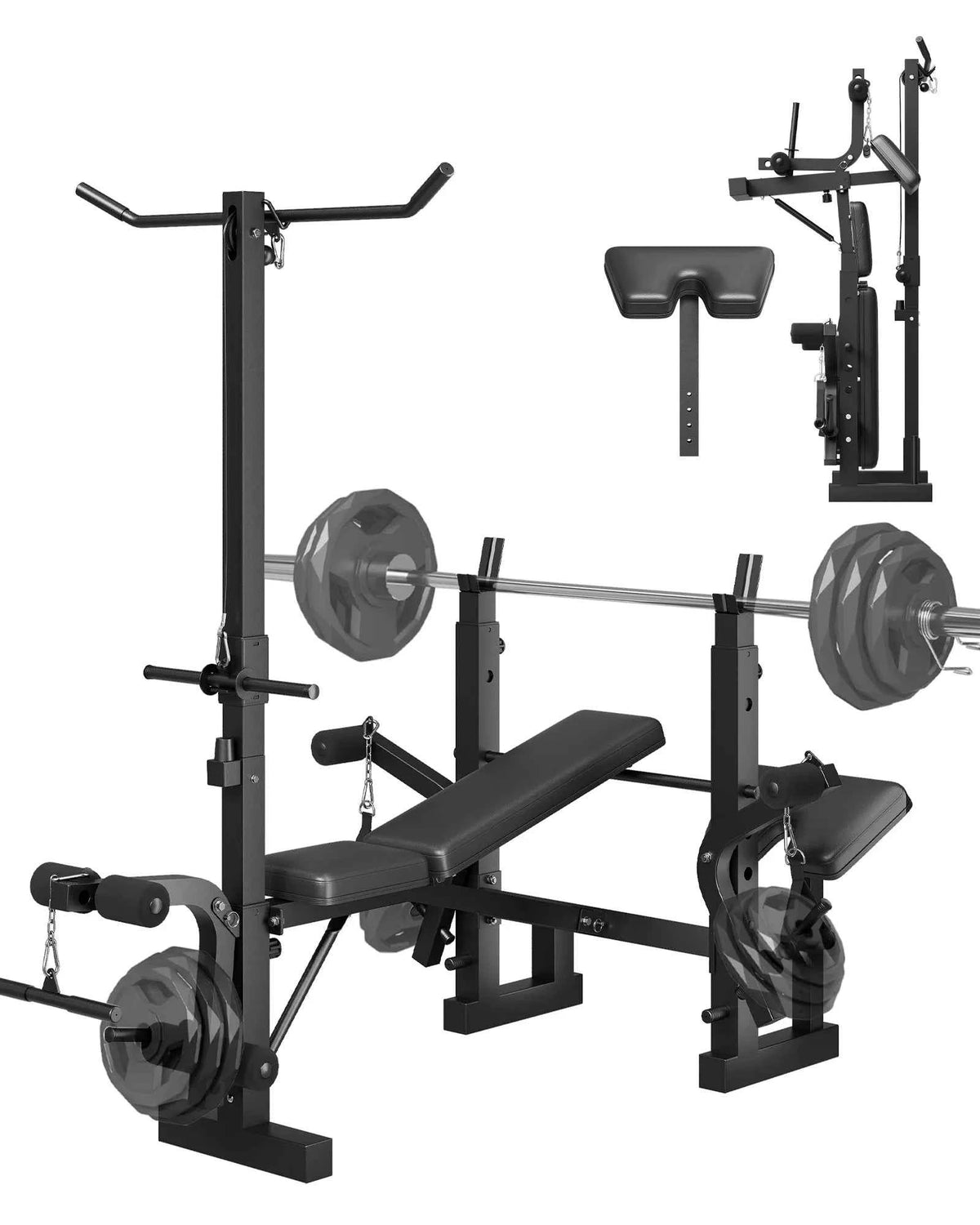 Adjustable 4-in-1 Weight Bench Set with Leg Developer, Barbell Rack, Butterfly Arm Preacher, Foldable
