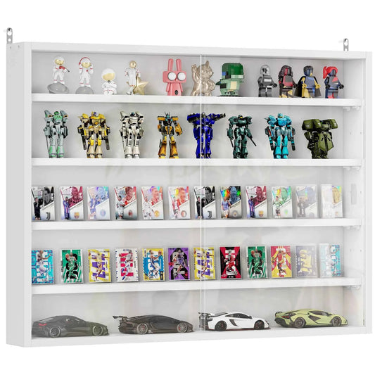 Homcom 5-Tier Display Cabinet, Glass Door Cabinet with Adjustable Shelves, Wall-Mounted Display Case for Playroom, Bedroom.  White