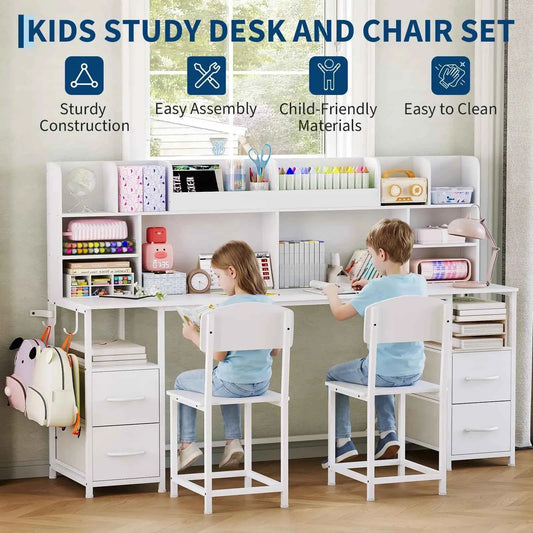 69 inch Double Kids Desk & Chair Set With Hutch, 4 Drawers, Shelves & Hooks, 2-Person Study Table Ages 6-12 Bedroom Playroom