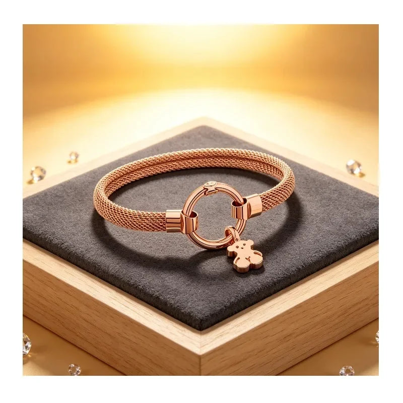 Rose Gold Plated Mesh Bracelet With Cute Bear Charm For Women Minimalist Daily