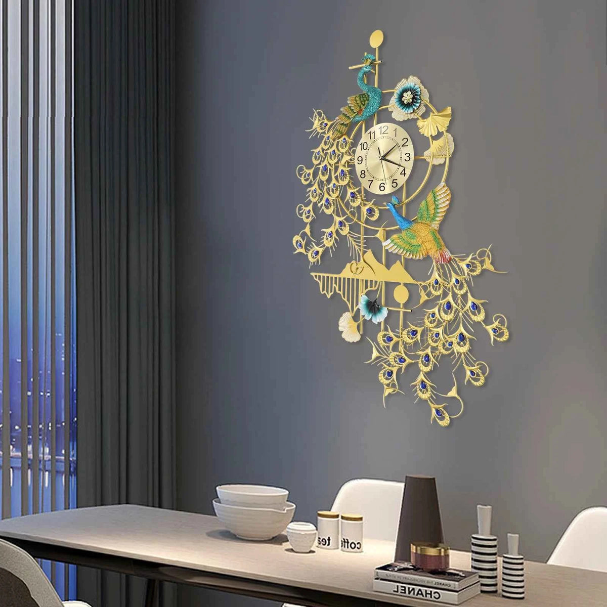 Large 80x120cm Peacock Wall Clock. Silent Quartz. Decorative Gold & Blue Rhinestone Resin Iron. Modern Art