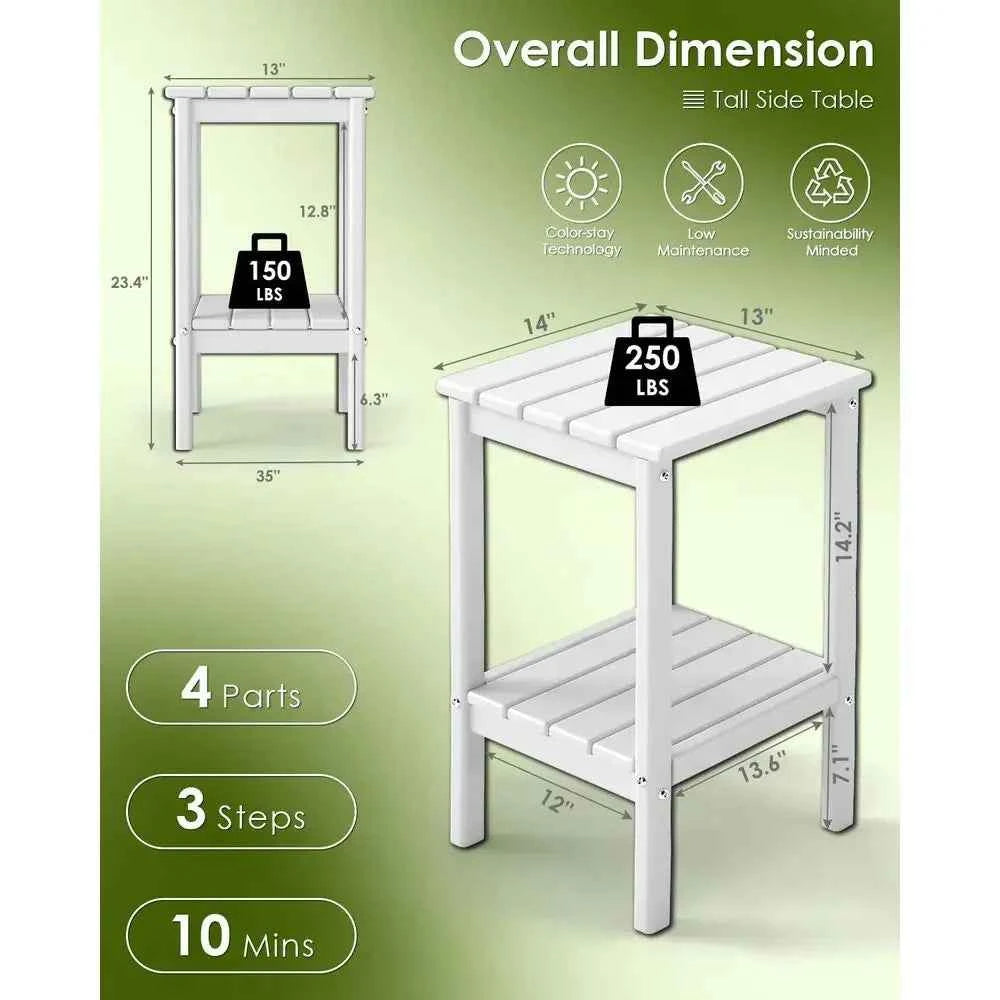 Two-Tier Outdoor Patio Side Tables, 23.5, Weather-Resistant HDPE Plastic, White, Suitable for Garden and Porch