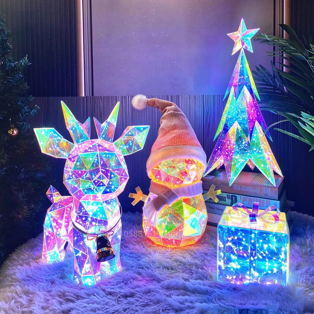 Christmas Colorful Snowman and Reindeer. LED Glowing Santa Claus, Elf, and Gnome Figurines. Christmas Decorations