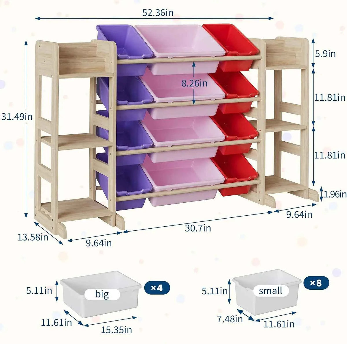 Tacleekii 42" 52" Wide Kids Toy Storage Organizer with 12 Bins & 3 Open Shelves. Solid Wood Storage Unit