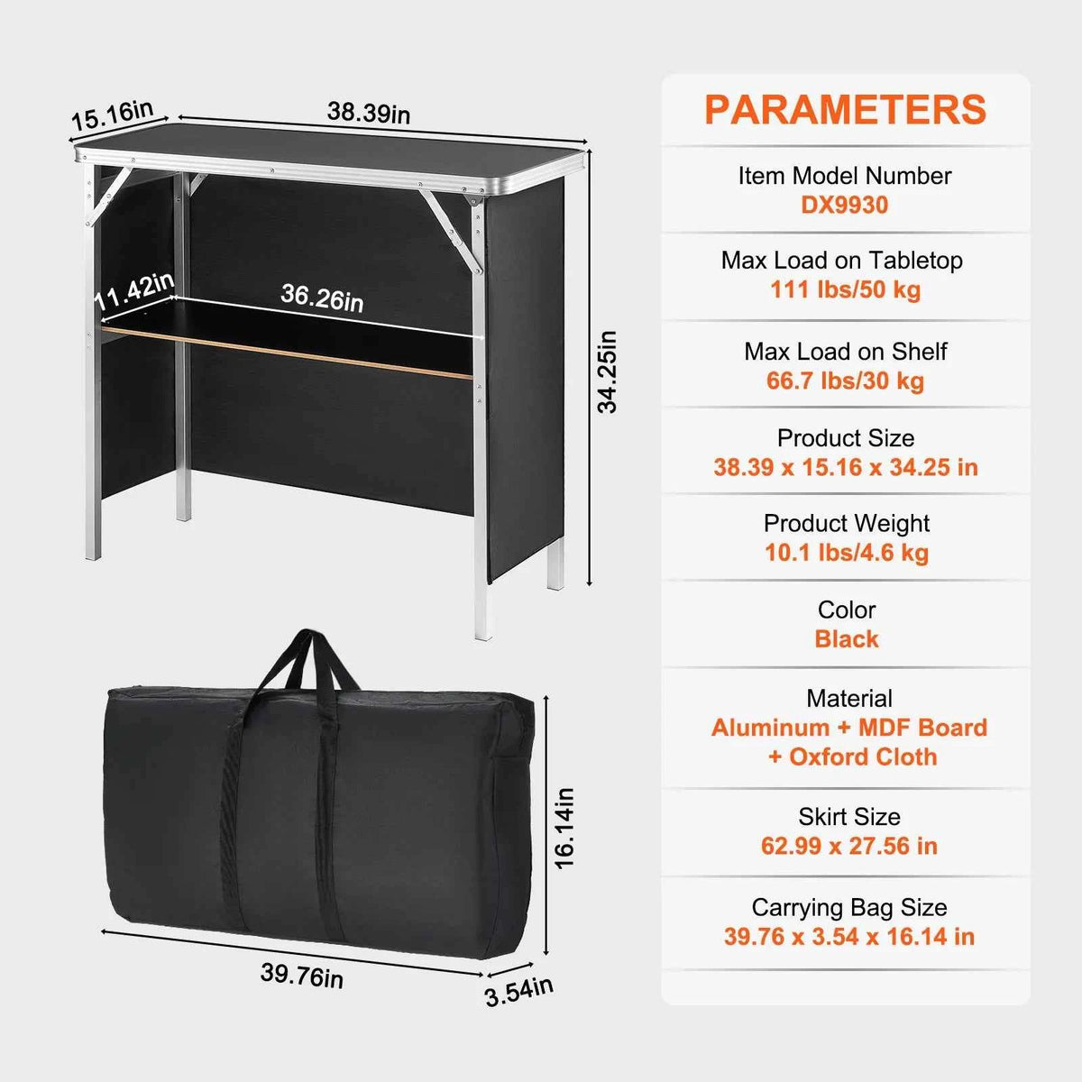 Folding Portable Bar Table or Tradeshow Podium Table for Party, Picnic, Exhibition. Includes Carrying Case, Storage, Shelf Skirt