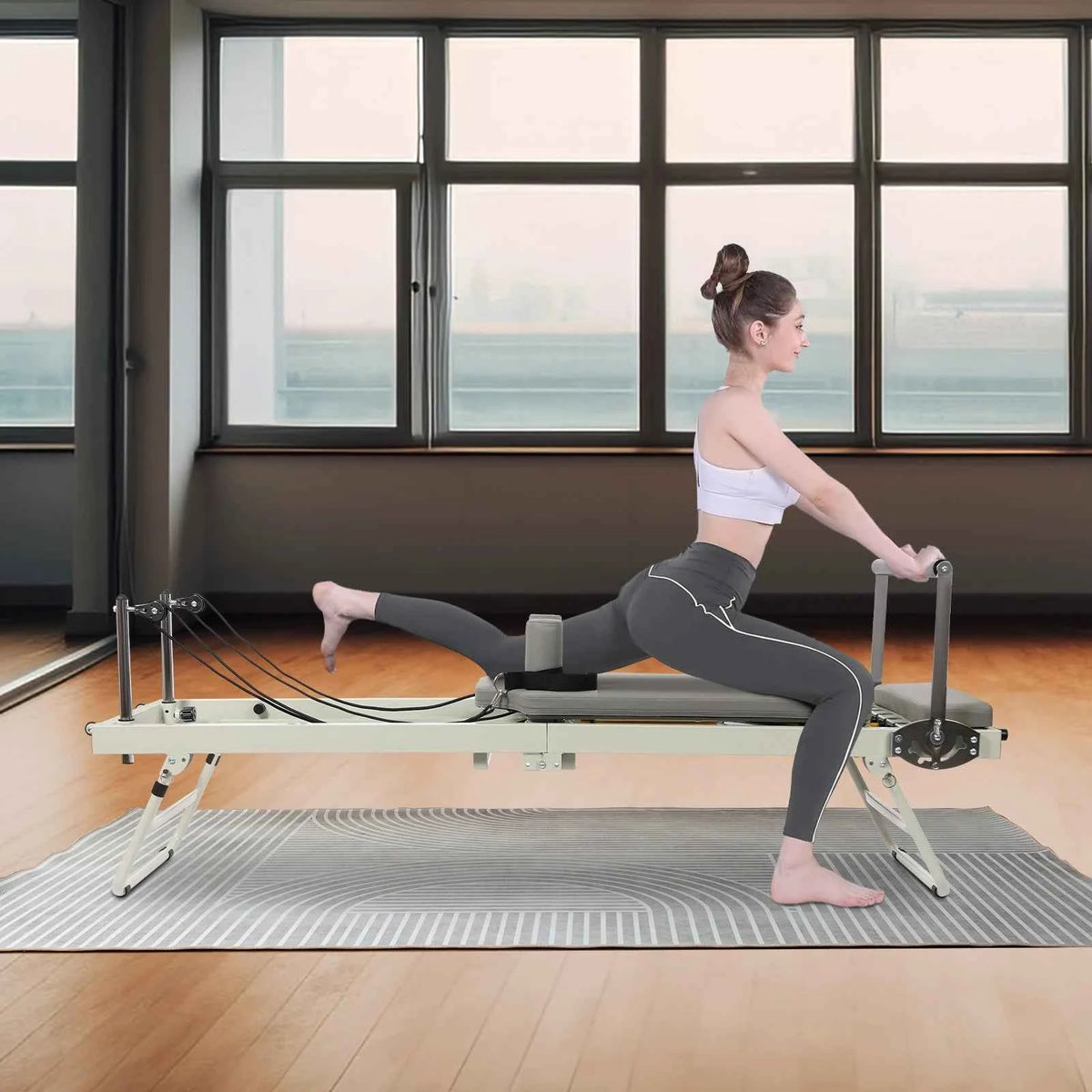 Foldable Pilates Reformer Machine Portable. Multifunctional Yoga Fitness. Grey/Black Use in Homes/Offices/Yoga Studios/Gyms
