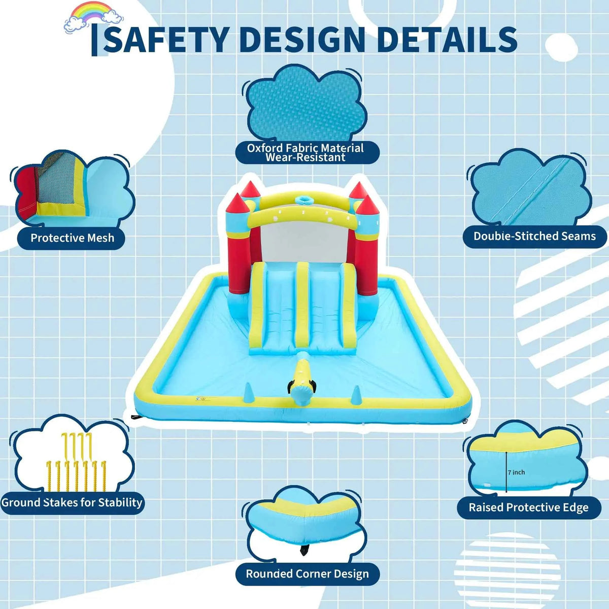 7-in-1 Kids Inflatable Bounce House Water Slide With Splash Pool, Basketball Hoop & 350W Blower, Outdoor Backyard Water Park