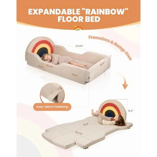Soft Foam Toddler Floor Bed with Rainbow Headboard and Fold-Down Sides – No Assembly Required – Includes Integrated Mattress – B