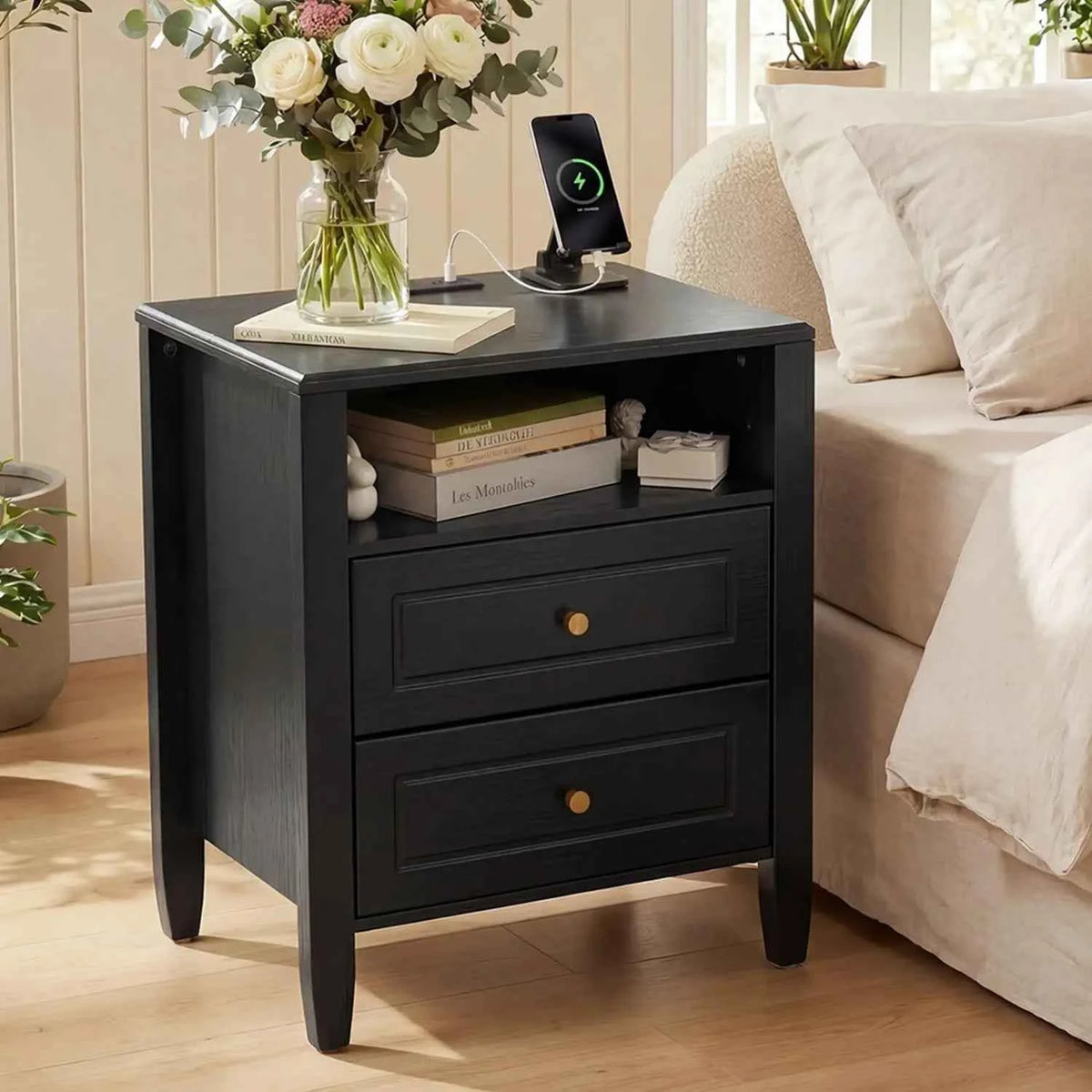 Nightstand with Charging Station, 2 Drawers and Open Shelf. With USB Type C Port & AC Outlet. Farmhouse Storage Cabinet.  Black