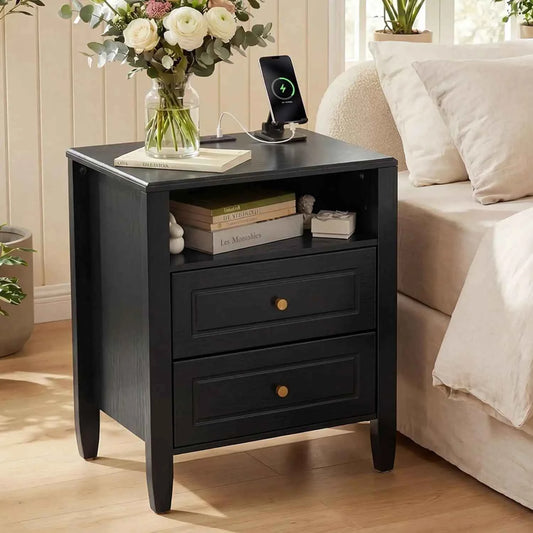 Nightstand with Charging Station, 2 Drawers and Open Shelf. With USB Type C Port & AC Outlet. Farmhouse Storage Cabinet.  Black