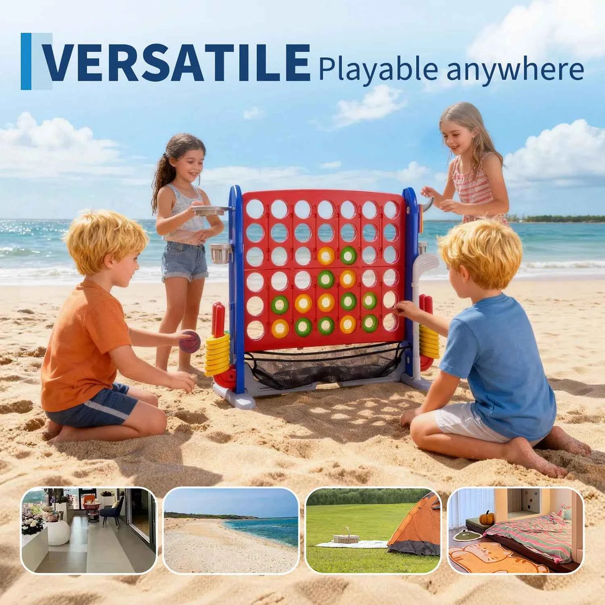 4-in-1 Giant Connect Game Set, Adjustable Height, Basketball Hoop, Ring Toss and Net Jumbo Outdoor Yard Game for Families Events