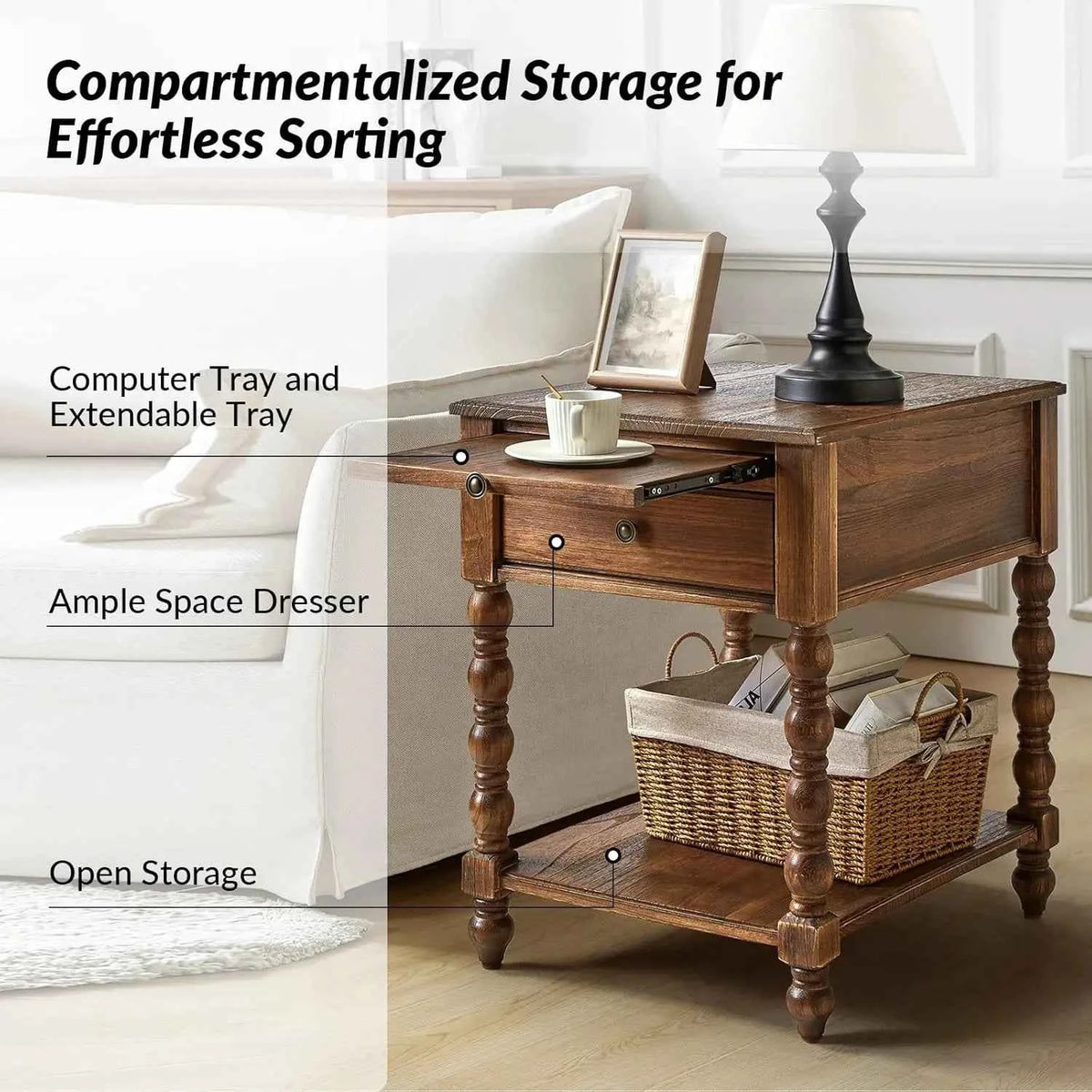 Solid Wood Spindle Nightstand with Charging Station, Drawer, Shelf, and Pull-Out Side Table. Customized Bedroom Furniture