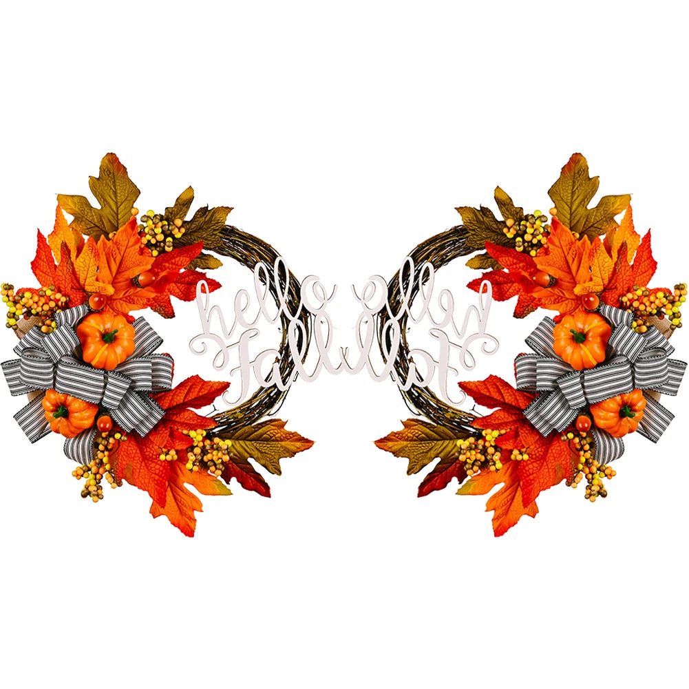 40cm Artificial Pumpkin Wreath. Thanksgiving Garland Door Hanger. Front Door Autumn Wreath for Thanksgiving.