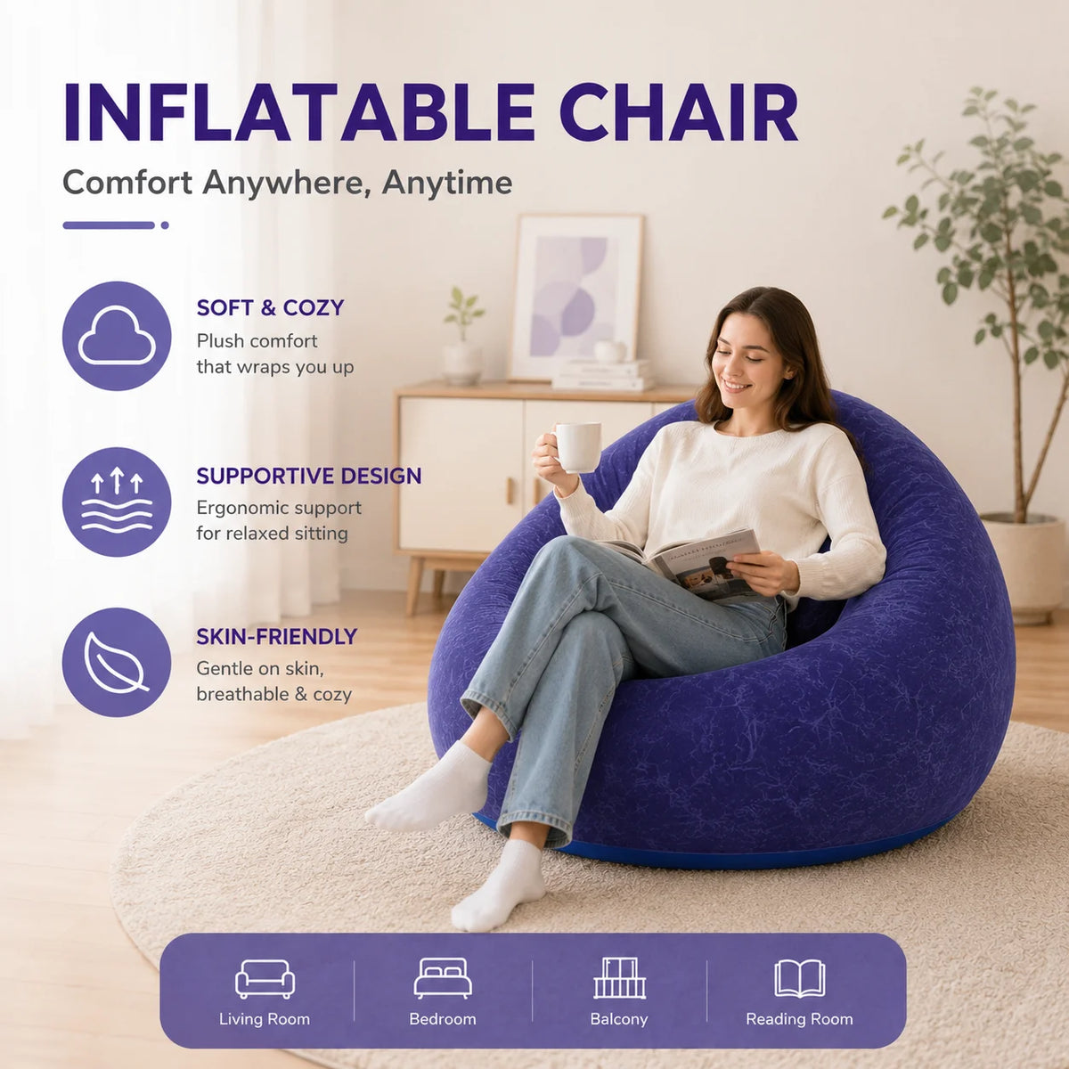 Inflatable & Portable Bean Bag Chair,  Soft Blow Up Lounge Chair, Foldable Air Couch with Quick Inflate Pump, Durable PVC Seating for Home, Space Saving, Easy Storage, Everyday Comfort, Indoor & Outdoor