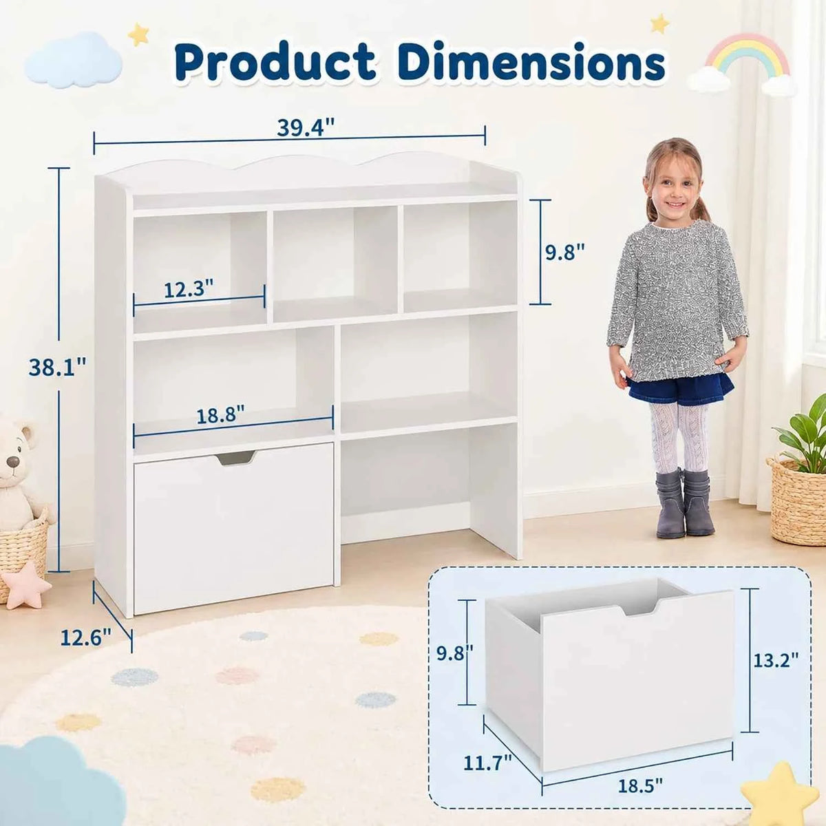 Toy Storage Organizer With 2 Rolling Drawers, Kids Bookshelf With 5 Open Cubbies, Storage Cabinet For Playroom, Bedroom And Nursery
