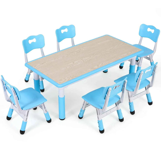 Homfa Rectangle Kids Table with 6 Chairs Set, Height Adjustable. Toddler Multi Activity Table Set, Arts & Crafts Desk for 2-10 years old.