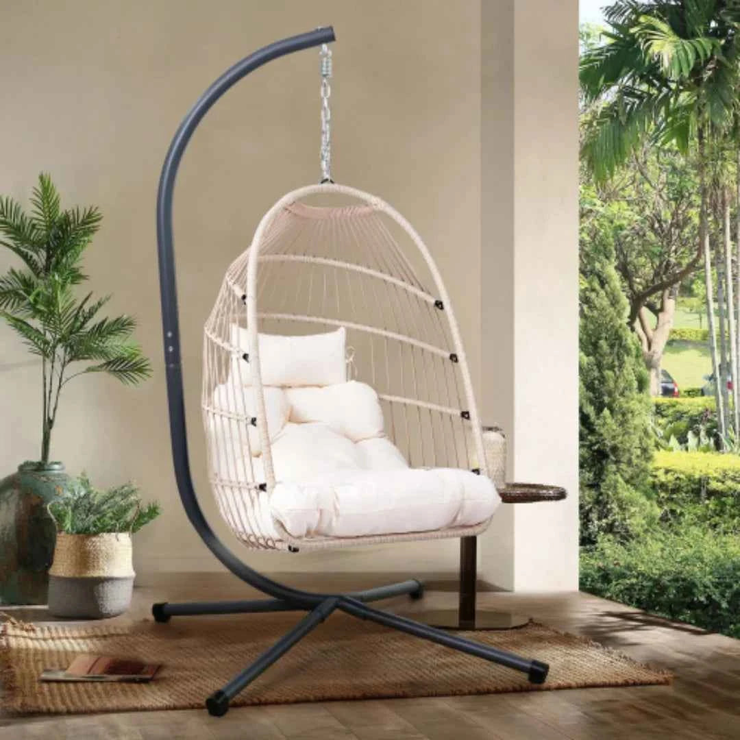 Outdoor Egg Chair with Stand, 350 Lbs Wicker Patio Hanging Chair, Folding Swing Hammock Chair with Cushion for Indoor, Porch, Garden