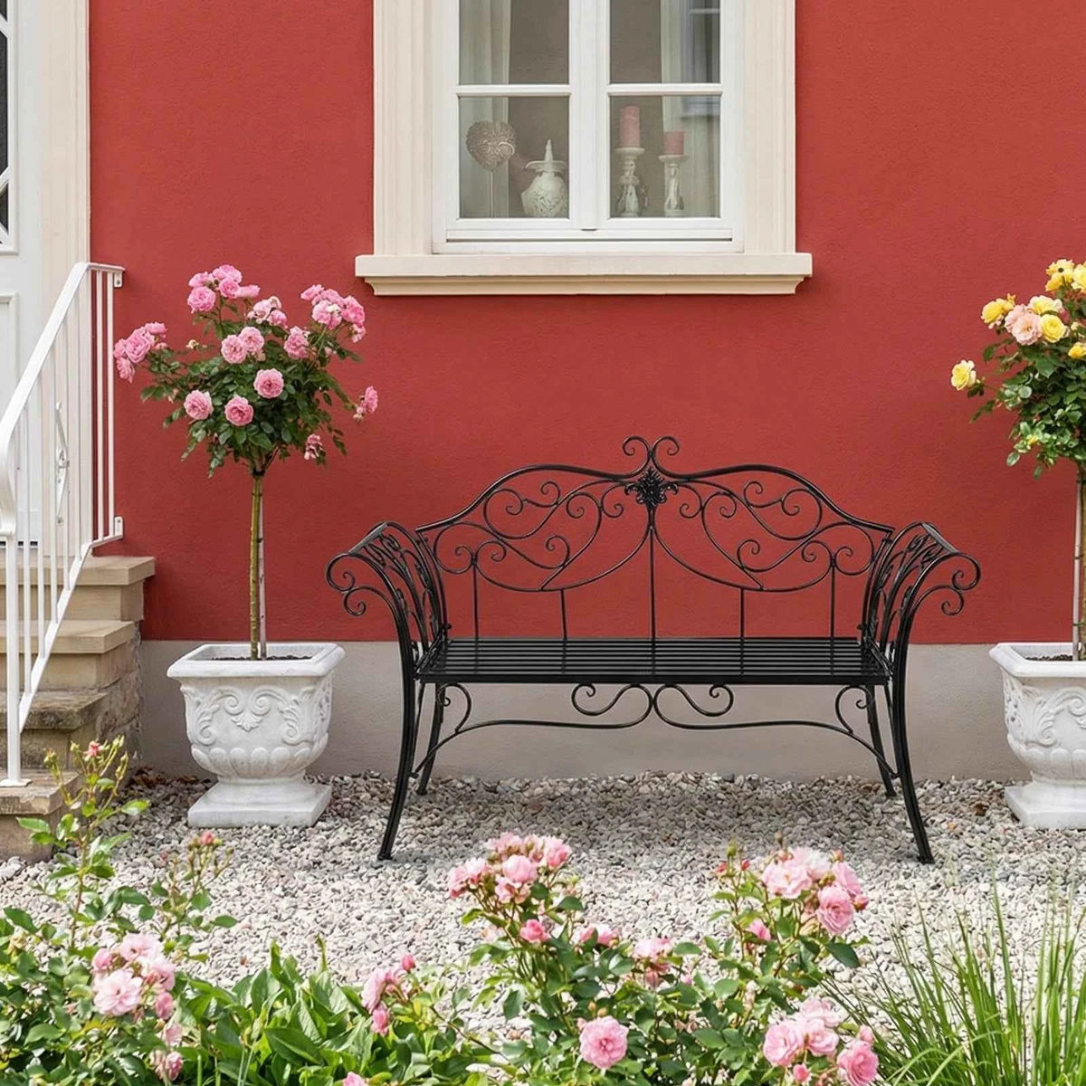 HLC Wrought Iron Two-Seater Garden Bench with Decorative Wrought Iron Backrest, Outdoor Garden Bench, 133x90x49 cm, Balcony, Patio, Rust-Proof, Black