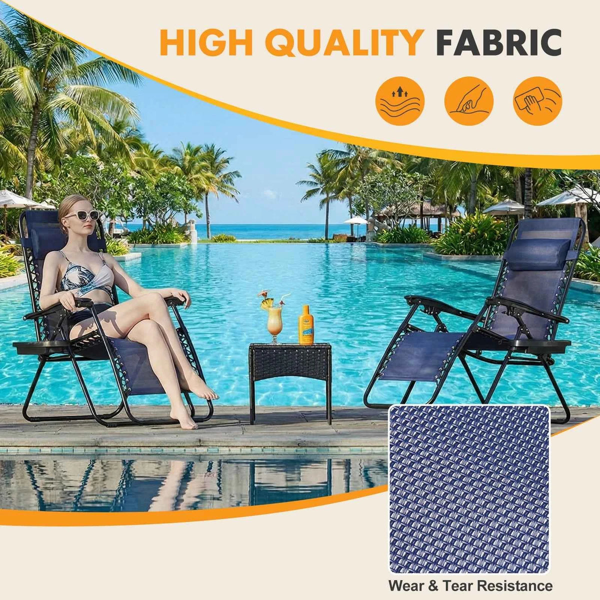 MCQ Outdoor Zero Gravity Chairs Set of 2. Folding Recliner with Cup Holder and Adjustable Pillow
