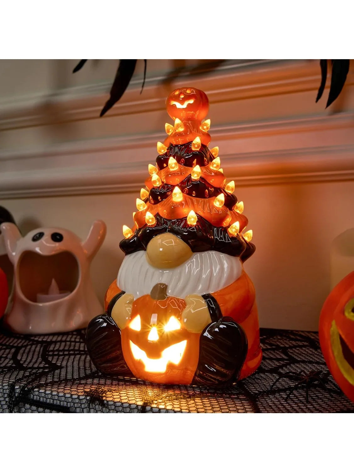 8.5 inch Tall Halloween Pumpkin Gnome Decoration, Ceramic Tree with Build-in LEDs. Tabletop Decor for Halloween, Indoor Party, Battery Operated,