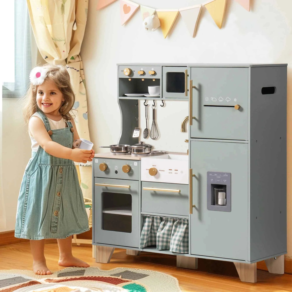Robud Wooden Kitchen Playset. Bean Green Toy for Kids, Toddlers, Preschool. Gift for Girls or Boys Age 3+