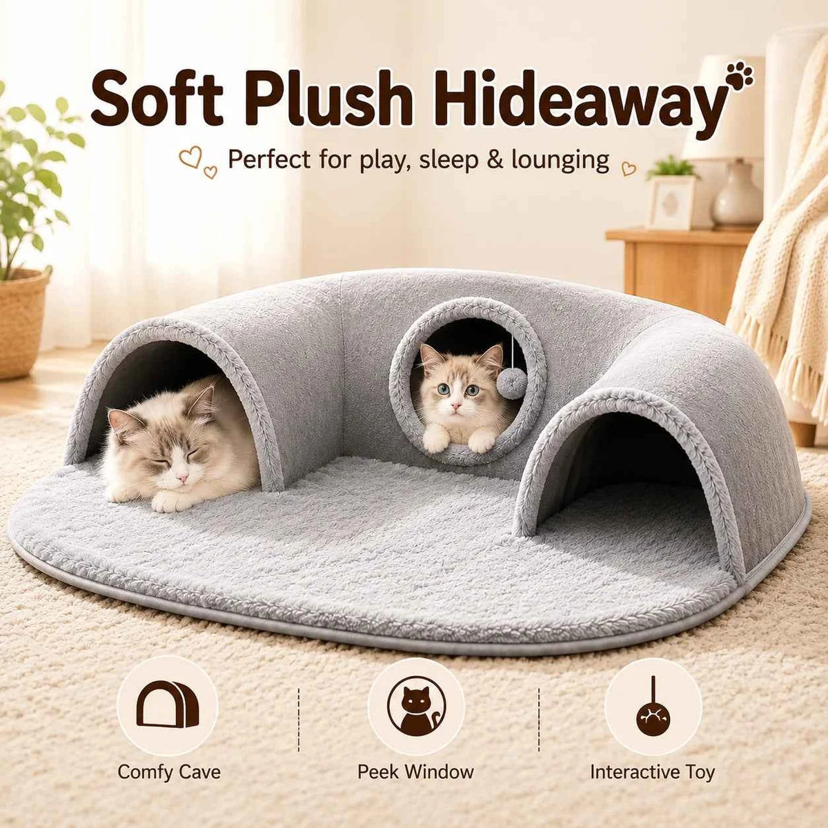 Multifunctional U-shaped Cat Tunnel Bed—A Detachable, Washable Plush material; .