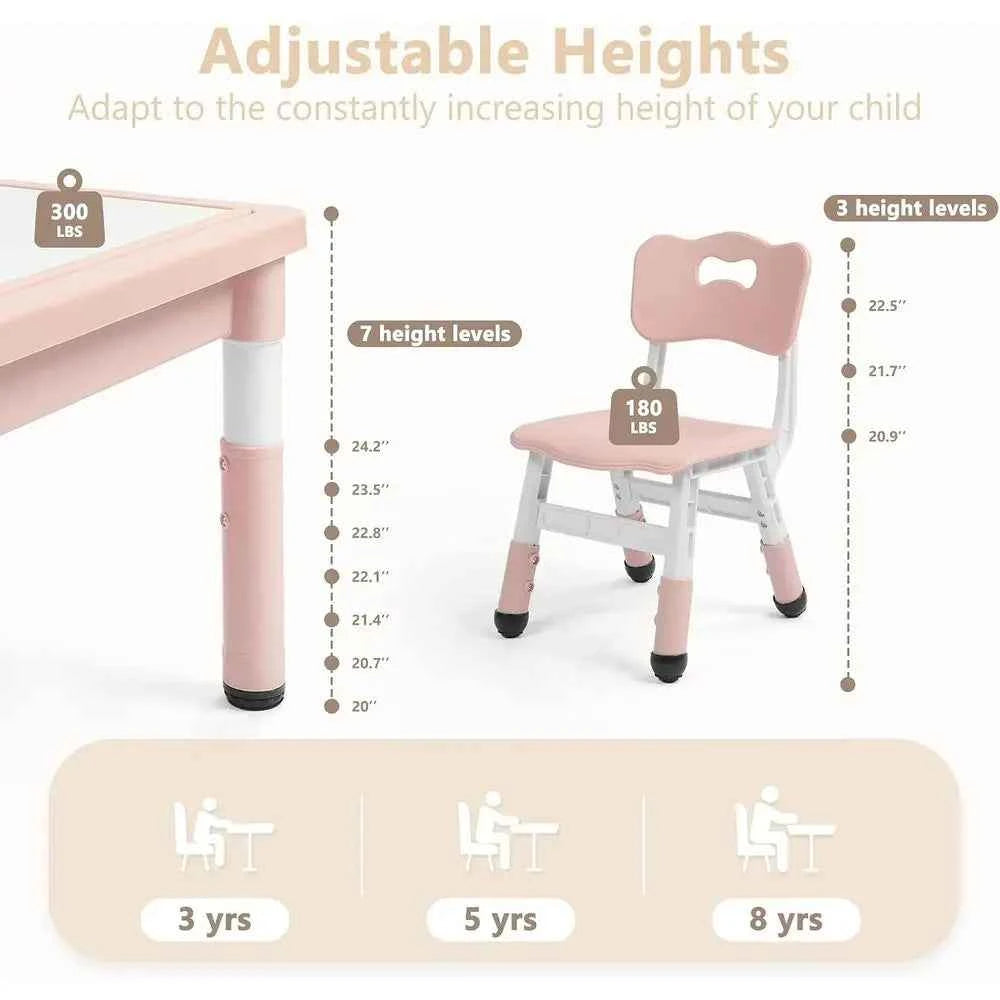 Kids Table & 4 Chairs Set, Height Adjustable Children Activity Table w/Storage, Graiti & Building Blocks Tabletop, Toddler urnit