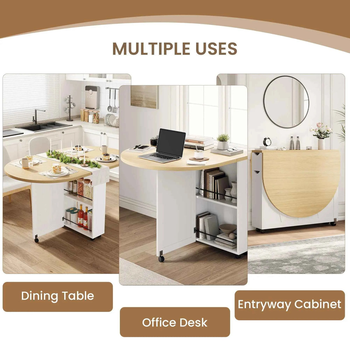 3-in-1 Folding Dining Table With Wine Rack, Drawer & Cup Holders, Drop Leaf Oval Kitchen Table On Lockable Casters For Small Spaces