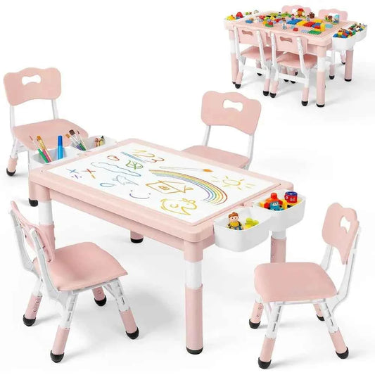 Kids Table & 4 Chairs Set, Height Adjustable Children Activity Table w/Storage, Graiti & Building Blocks Tabletop, Toddler urnit