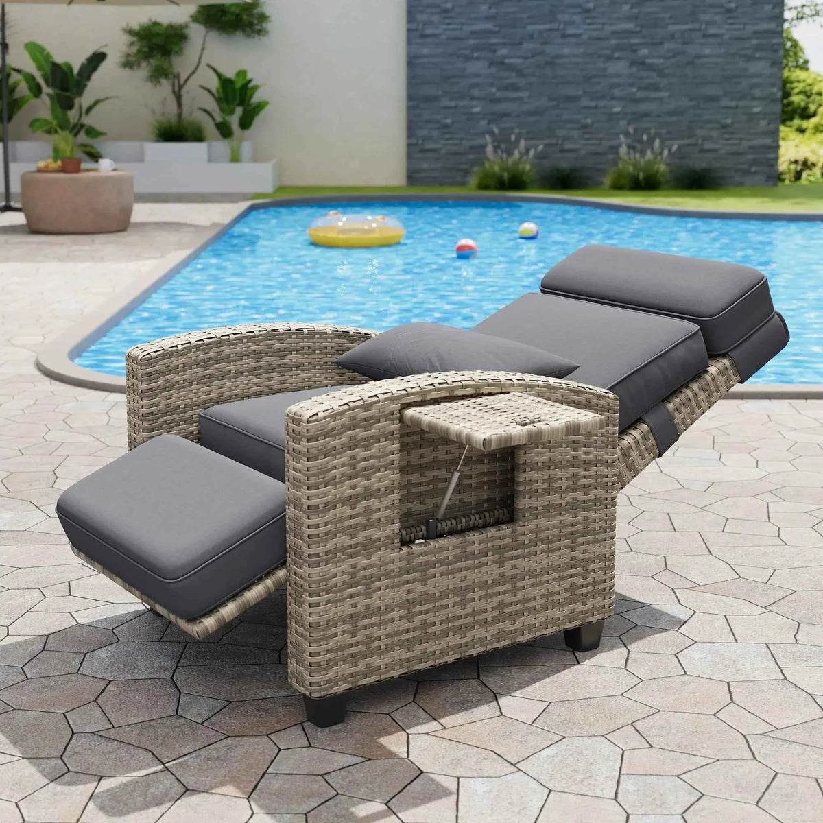 Recliner Chair with Adjustable Wicker,150° Lay-Flat Backrest & Footrest,Flip-Up Side Table,Removable Thick Cushion,Comfortable Chair for Patio Indoor and Outdoor,Grey