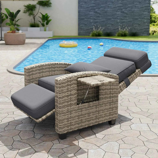 Recliner Chair with Adjustable Wicker,150° Lay-Flat Backrest & Footrest,Flip-Up Side Table,Removable Thick Cushion,Comfortable Chair for Patio Indoor and Outdoor,Grey