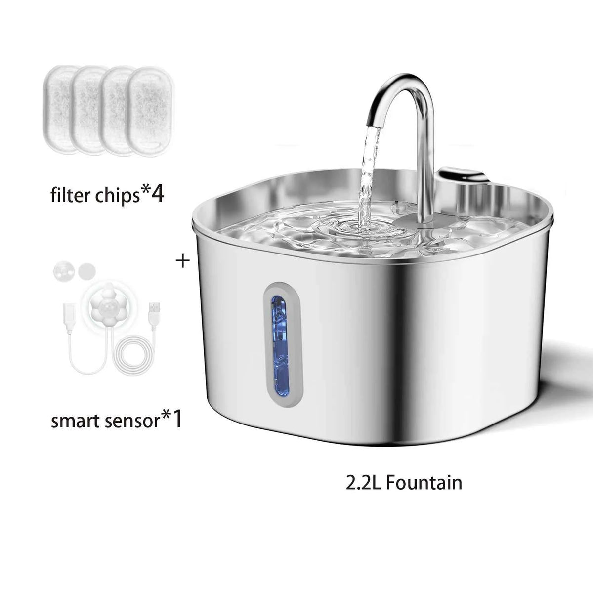 2.2L Automatic  Water Fountain that is  Stainless Steel for Pets  with Window （No 5V 1A Plug）