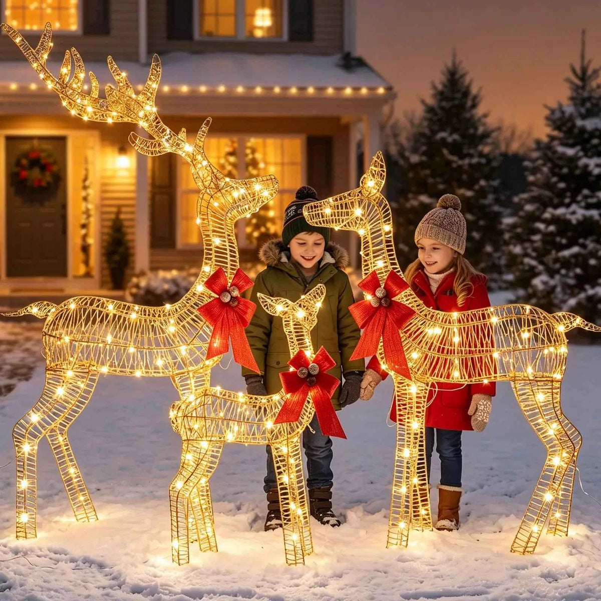 3-Piece Lighted Christmas Deer Family Outdoor Decoration Set. 3FT Tall IP44 Waterproof with LED Lights for Lawn, Garden & Porch