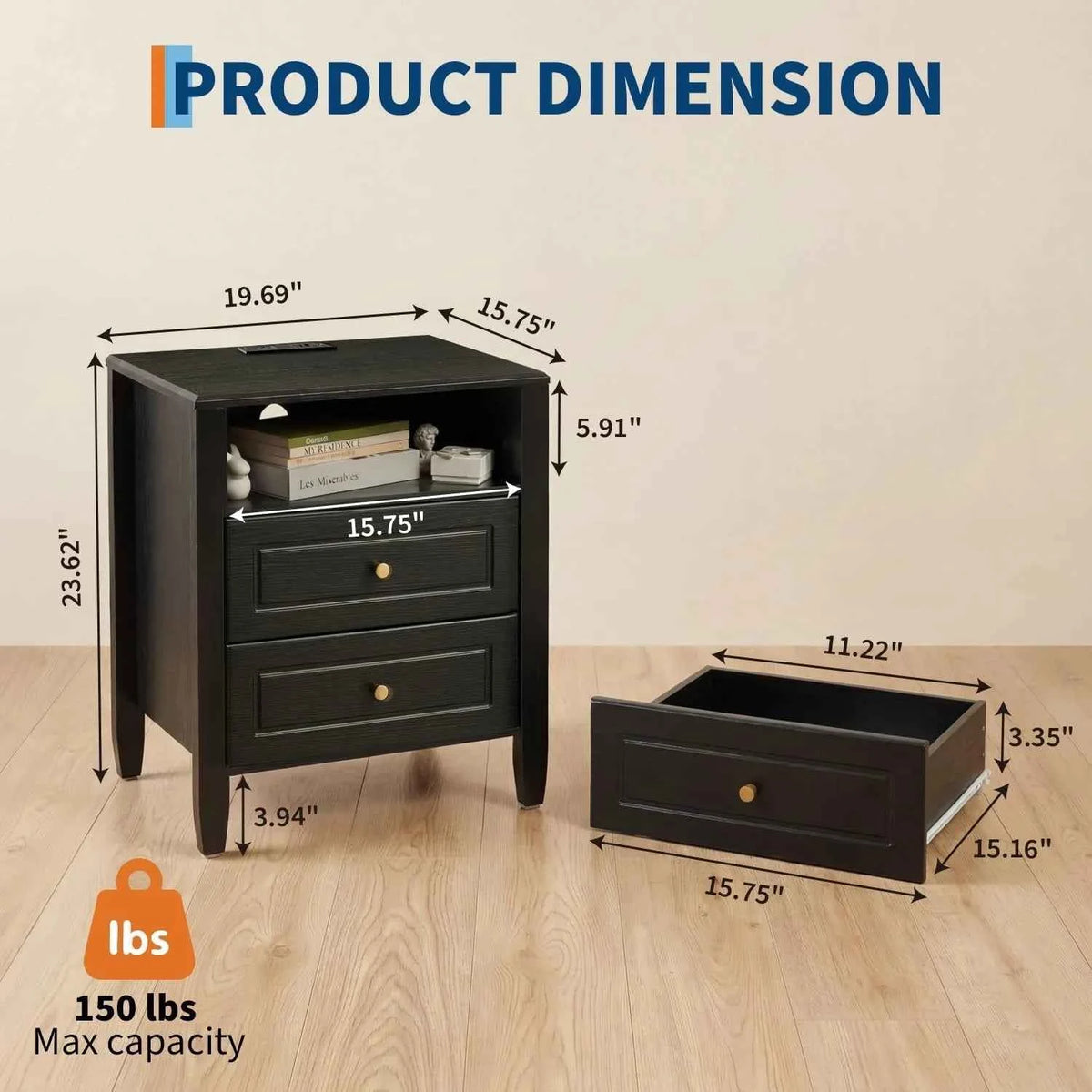 Nightstand with Charging Station, 2 Drawers and Open Shelf. With USB Type C Port & AC Outlet. Farmhouse Storage Cabinet.  Black